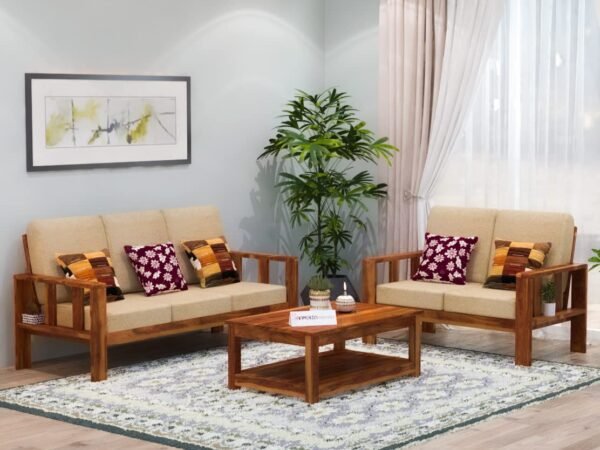 Saamenia Furnitures High Grade Solid sheesham Wooden 5 seater sofa set for living room with Cream Cushions
