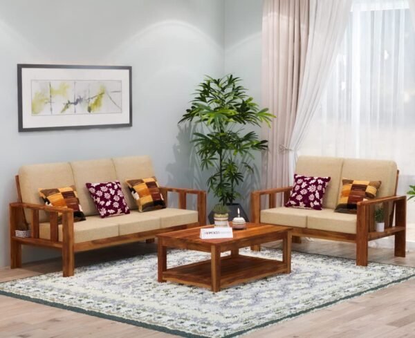 Saamenia Furnitures High Grade Solid sheesham Wooden 5 seater sofa set for living room with Cream Cushions