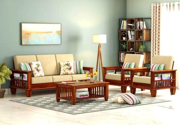 Mamta Furniture Wooden Solid Sheesham Wood 5 Seater Sofa Set with Cushions (5 Seater Sofa | 3+1+1 with Coffee Table, Honey Finish, Beige)