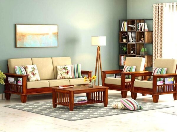 Mamta Furniture Wooden Solid Sheesham Wood 5 Seater Sofa Set with Cushions (5 Seater Sofa | 3+1+1 with Coffee Table, Honey Finish, Beige)