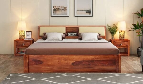 Saamenia furnitures™ Sheesham Wood Glossy King Size Bed with 4 Drawer Side Storage – Honey Finish