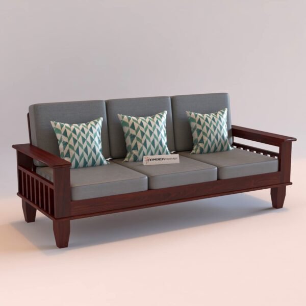 Wooden Solid Sheesham Wood 3 Seater Sofa Set with Cushions (3 Seater Sofa, Mahogany Finish)