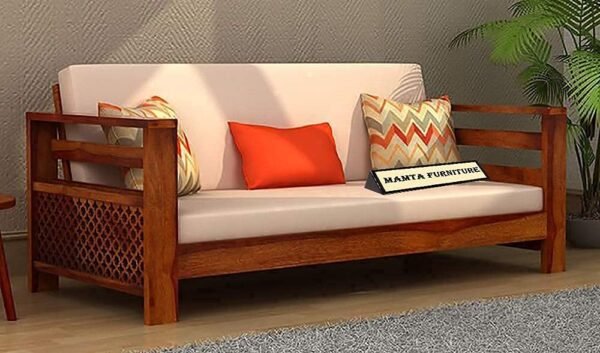 Saamenia Furnitures Solid Sheesham Wood 5 Seater Sofa Set for Living Room Furniture with Cream Cushions – Honey Finish (3+1+1 Seater)