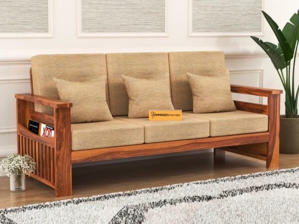 Mamta Furniture Solid Sheesham Wood 3 Seater Sofa Set | Living Room | Honey Finish | Beige Cushions | Durable Lounge Seating | Drawing Room | Without Pillow