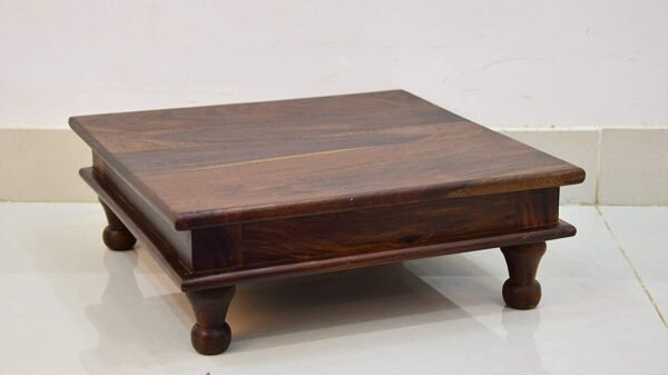Saamenia Furnitures Solid Sheesham Wooden Chowki for Home Pooja Temple – Teak Finish