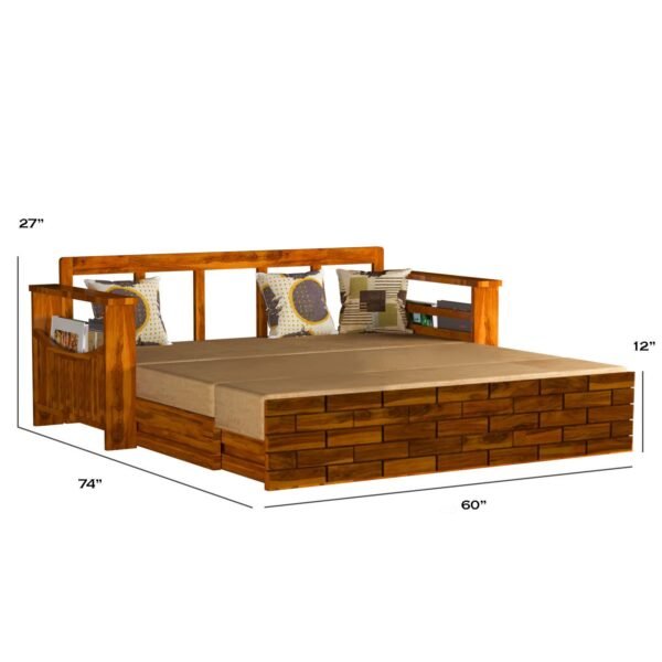 Saamenia furnitures™ Solid Sheesham Wood Sofa Cum Bed Furniture Set with Storage and Cushions for Living Room | Bedroom | Drawing Hall (Teak Finish, Queen)