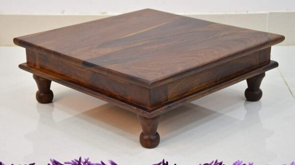 Saamenia Furnitures Solid Sheesham Wooden Chowki for Home Pooja Temple – Teak Finish