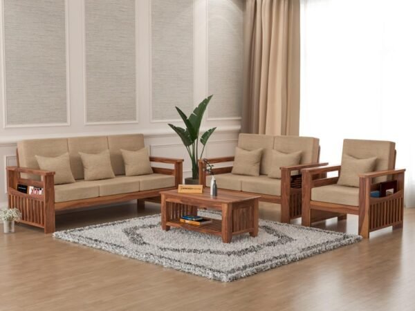 Mamta Furniture Solid Sheesham Wood 6 Seater Sofa Set for Living Room, 3+2+1 Seater Sofa Sets for Office & Lounge, Home with Beige Cushions - Honey Finish