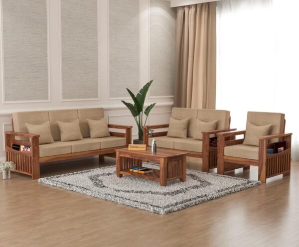 Mamta Furniture Solid Sheesham Wood 6 Seater Sofa Set for Living Room, 3+2+1 Seater Sofa Sets for Office & Lounge, Home with Beige Cushions – Honey Finish