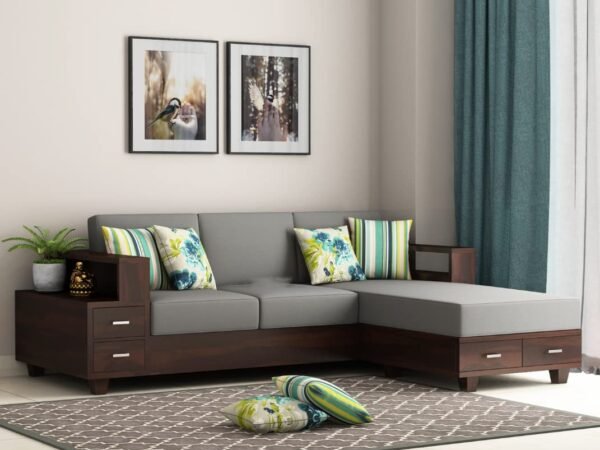 Saamenia Furnitures Solid Sheesham Wooden L shape 5 Seater Sofa Set for Living Room Furniture with Grey Cushions - Walnut Finish
