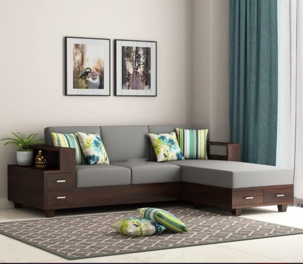 Saamenia Furnitures Solid Sheesham Wooden L shape 5 Seater Sofa Set for Living Room Furniture with Grey Cushions – Walnut Finish
