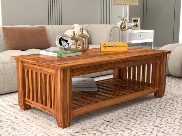 Mamta Furniture Vesta Solid Sheesham Wood Coffee Table | 44 x 22 x 16 Inches | Solid Wood Center Table with Shelf | Premium Living Room Furniture | Honey Finish
