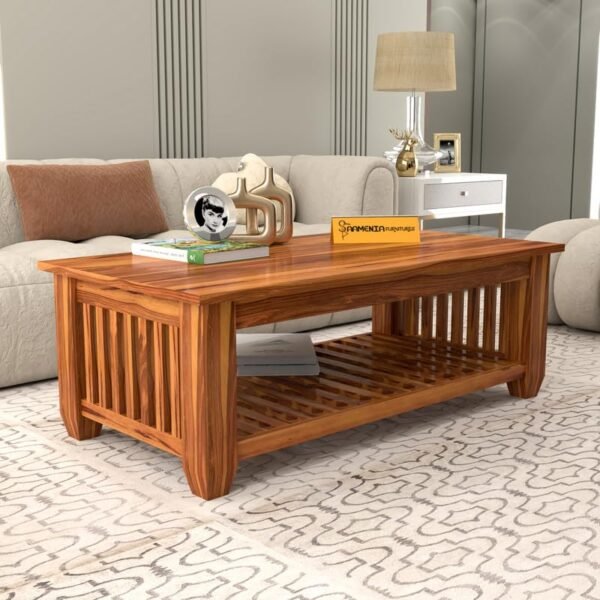 Mamta Furniture Vesta Solid Sheesham Wood Coffee Table | 44 x 22 x 16 Inches | Solid Wood Center Table with Shelf | Premium Living Room Furniture | Honey Finish