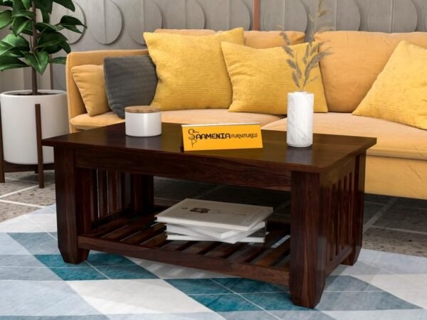 Mamta Furniture Sheesham Wood Coffee Table | 34 x 18 x 16 Inches | Walnut Finish | Living Room Table | Solid Wood Center Table with Shelf | Dining Room