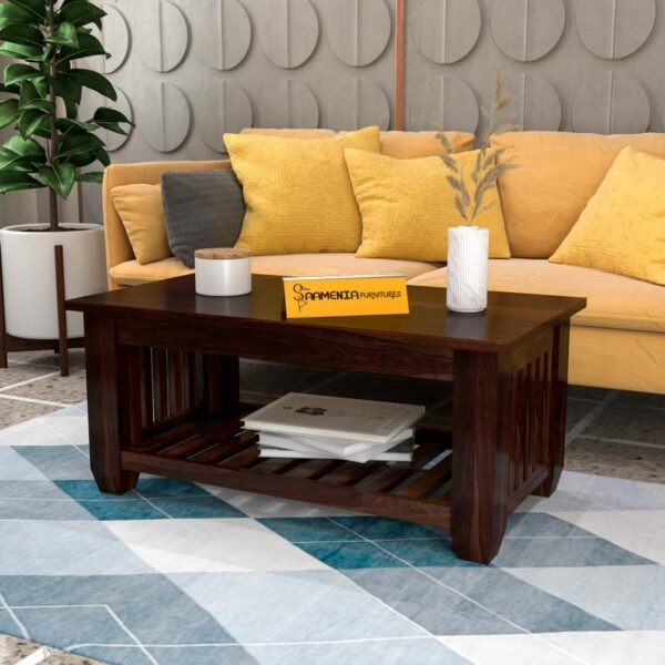 Mamta Furniture Sheesham Wood Coffee Table | 34 x 18 x 16 Inches | Walnut Finish | Living Room Table | Solid Wood Center Table with Shelf | Dining Room