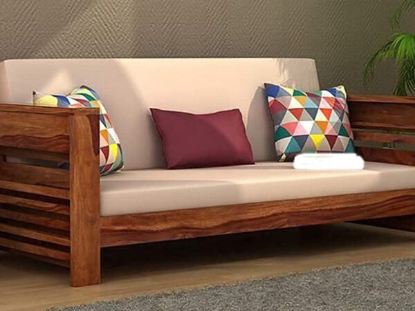 Mamta Furniture Solid Wood 3 Seater Sofa Home Living Room Furniture , Wooden 3 Seater Sofa , Sheesham Wood Sofa , Without Pillow . Cream Cushions - Honey Finish