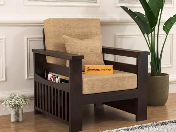 Mamta Furniture Solid Sheesham Wood 1 Seater Sofa with Beige Cushions | Walnut Finish | Living Room | Compact Lounge Chair | Drawing Room | Without Pillow