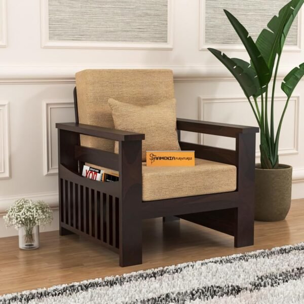 Mamta Furniture Solid Sheesham Wood 1 Seater Sofa with Beige Cushions | Walnut Finish | Living Room | Compact Lounge Chair | Drawing Room | Without Pillow