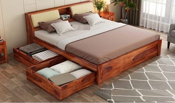 Saamenia furnitures™ Sheesham Wood Glossy King Size Bed with 4 Drawer Side Storage – Honey Finish
