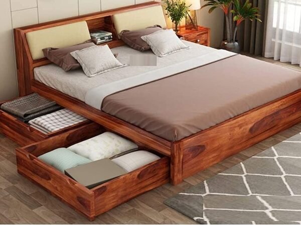 Saamenia furnitures™ Sheesham Wood Glossy King Size Bed with 4 Drawer Side Storage - Honey Finish