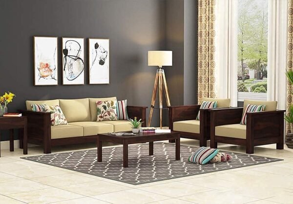 Saamenia Furnitures Solid Sheesham Wood 5 Seater Sofa Set for Living Room Furniture with Cream Cushions – Warm Chestnut Finish (3+1+1 Seater)