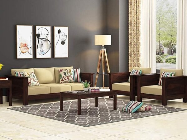 Saamenia Furnitures Solid Sheesham Wood 5 Seater Sofa Set for Living Room Furniture with Cream Cushions - Warm Chestnut Finish (3+1+1 Seater)