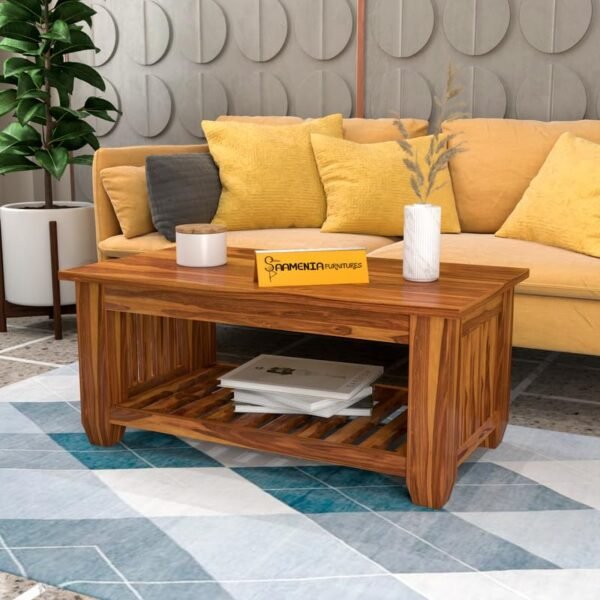 Mamta Furniture Sheesham Wood Coffee Table | 34 x 18 x 16 Inches | Honey Finish | Living Room Table | Solid Wood Center Table with Shelf | Dining Room