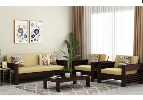 Mamta Furniture Designer Sheesham Wood Sofa Set | 7 Seater Living Room Couch | Natural Teak Finish | 3+2+2 Configuration | Solid Wood Frame with Cushions
