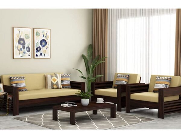 Mamta Furniture Designer Sheesham Wood Sofa Set | 7 Seater Living Room Couch | Natural Teak Finish | 3+2+2 Configuration | Solid Wood Frame with Cushions