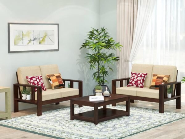 Saamenia Furnitures High Grade Solid sheesham Wooden 4 seater sofa set for living room with Cream Cushions