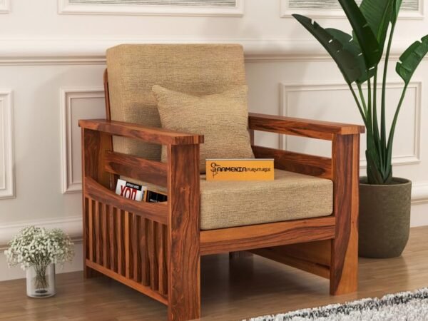 Mamta Furniture Solid Sheesham Wood 1 Seater Sofa with Beige Cushions | Honey Finish | Living Room | Compact Lounge Chair | Drawing Room | Without Pillow