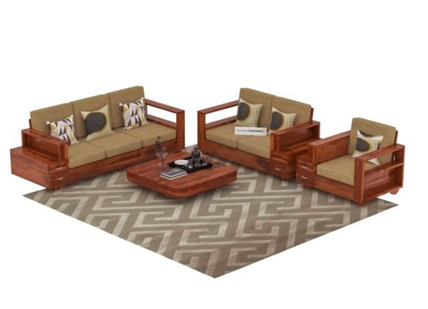 Saamenia Furnitures Wooden Sheesham Teak Wood Sofa Set 6 Seater Without Pillow For Living Room & Office Furniture -Honey Finish (3+2+1)