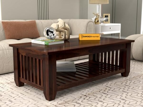 Mamta Furniture Vesta Solid Sheesham Wood Coffee Table | 44 x 22 x 16 Inches | Solid Wood Center Table with Shelf | Premium Living Room Furniture | Walnut Finish