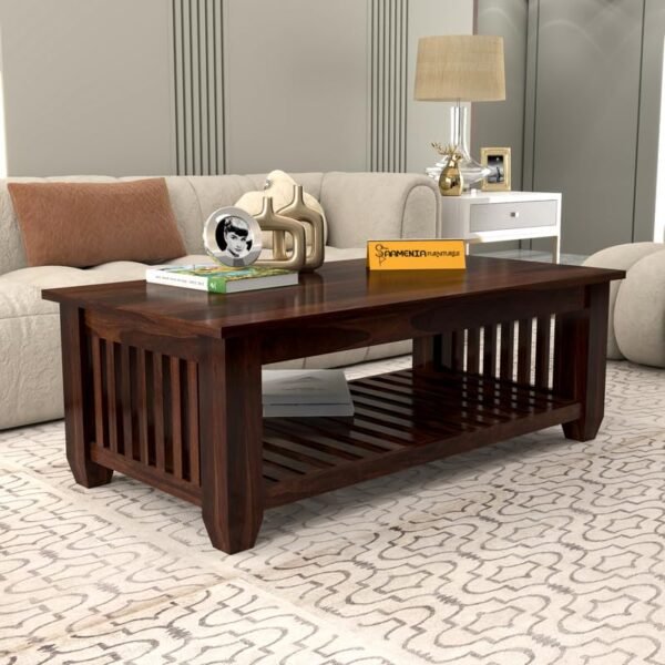 Mamta Furniture Vesta Solid Sheesham Wood Coffee Table | 44 x 22 x 16 Inches | Solid Wood Center Table with Shelf | Premium Living Room Furniture | Walnut Finish