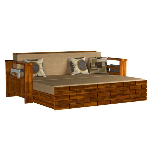 Saamenia furnitures™ Solid Sheesham Wood Sofa Cum Bed Furniture Set with Storage and Cushions for Living Room | Bedroom | Drawing Hall (Teak Finish, Queen)