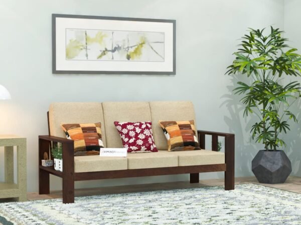 Saamenia Furnitures High Grade Solid sheesham Wooden 3 seater sofa set for living room with Cream Cushions
