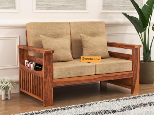 Mamta Furniture Solid Sheesham Wood 2 Seater Sofa Set | For Living Room Hall & Office | Wooden Two Seater with Cushions | Honey Finish | Drawing Room | Without Pillow