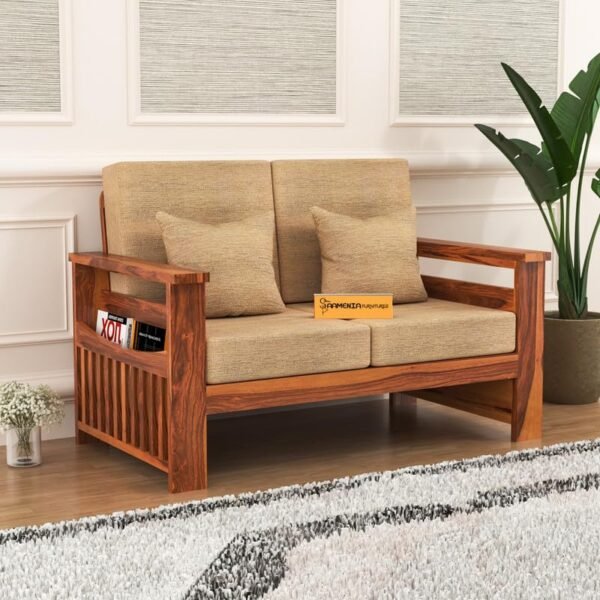 Mamta Furniture Solid Sheesham Wood 2 Seater Sofa Set | For Living Room Hall & Office | Wooden Two Seater with Cushions | Honey Finish | Drawing Room | Without Pillow