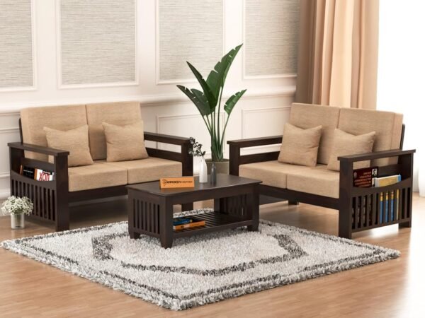 Mamta Furniture Solid Sheesham Wood 4 Seater Sofa Set | 2+2 Configuration | Walnut Finish | Living Room | Beige Cushions | Drawing Room | Without Pillow