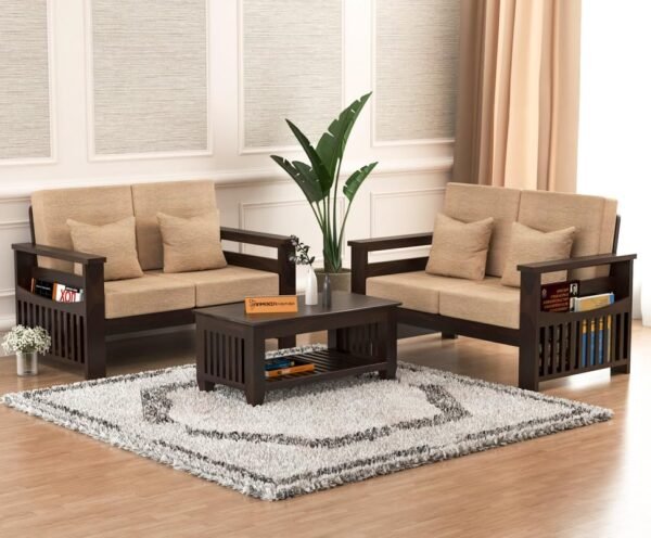 Mamta Furniture Solid Sheesham Wood 4 Seater Sofa Set | 2+2 Configuration | Walnut Finish | Living Room | Beige Cushions | Drawing Room | Without Pillow