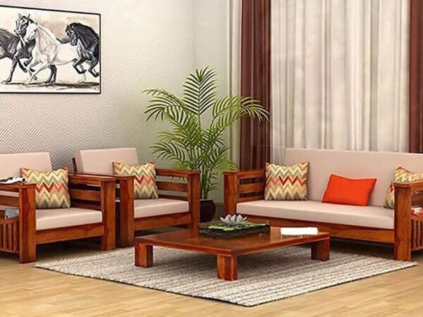 Saamenia furnitures™ Wooden 5 Seater Sofa Set Home Living Room |Solid Wood Sofa Set 3+1+1 | Sheesham Wood Furniture Sofa Set | Without Pillow | Cream Cushions| Honey Finish