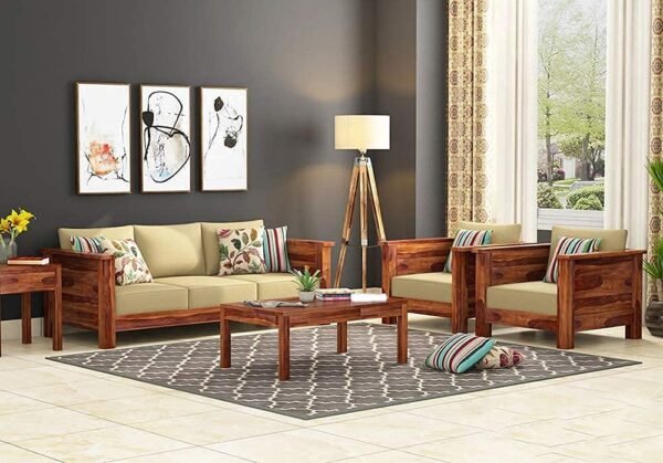 Saamenia Furnitures Solid Sheesham Wood 5 Seater Sofa Set for Living Room Furniture with Cream Cushions – Rustic Taek Finish (3+1+1 Seater)