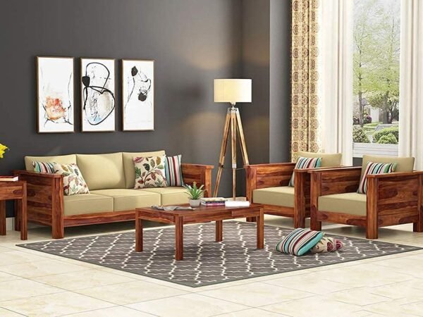 Saamenia Furnitures Solid Sheesham Wood 5 Seater Sofa Set for Living Room Furniture with Cream Cushions - Rustic Taek Finish (3+1+1 Seater)