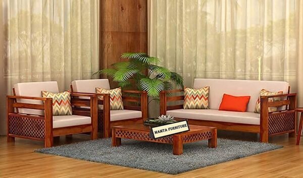 Saamenia Furnitures Solid Sheesham Wood 5 Seater Sofa Set for Living Room Furniture with Cream Cushions – Honey Finish (3+1+1 Seater)
