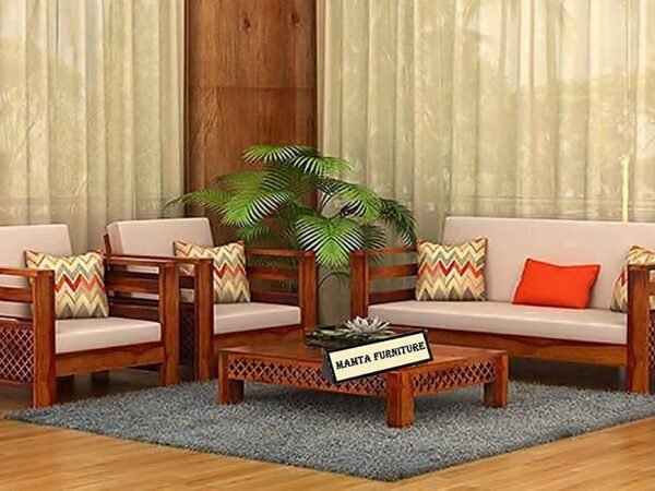 Saamenia Furnitures Solid Sheesham Wood 5 Seater Sofa Set for Living Room Furniture with Cream Cushions - Honey Finish (3+1+1 Seater)