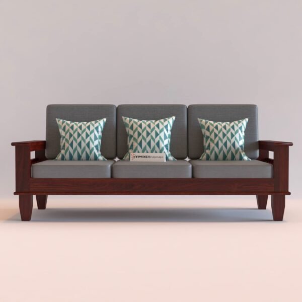Wooden Solid Sheesham Wood 3 Seater Sofa Set with Cushions (3 Seater Sofa, Mahogany Finish)