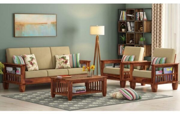 Mamta Furniture Wooden Solid Sheesham Wood 5 Seater Sofa Set with 40 Density Cream Cushions (5 Seater Sofa 3+1+1, Teak Finish)