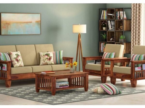 Mamta Furniture Wooden Solid Sheesham Wood 5 Seater Sofa Set with 40 Density Cream Cushions (5 Seater Sofa 3+1+1, Teak Finish)