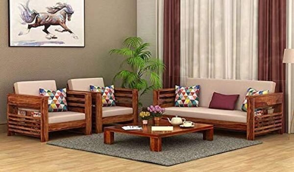 Saamenia Furnitures Solid Sheesham Wood 5 Seater Sofa Set for Living Room Furniture with Cushions – Brown Finish (3+1+1 Seater)