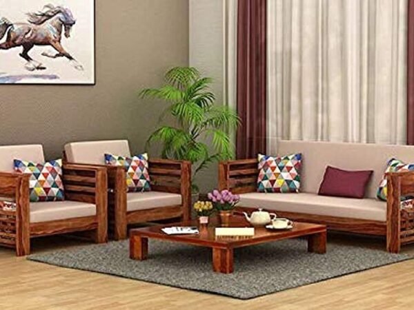 Saamenia Furnitures Solid Sheesham Wood 5 Seater Sofa Set for Living Room Furniture with Cushions - Brown Finish (3+1+1 Seater)